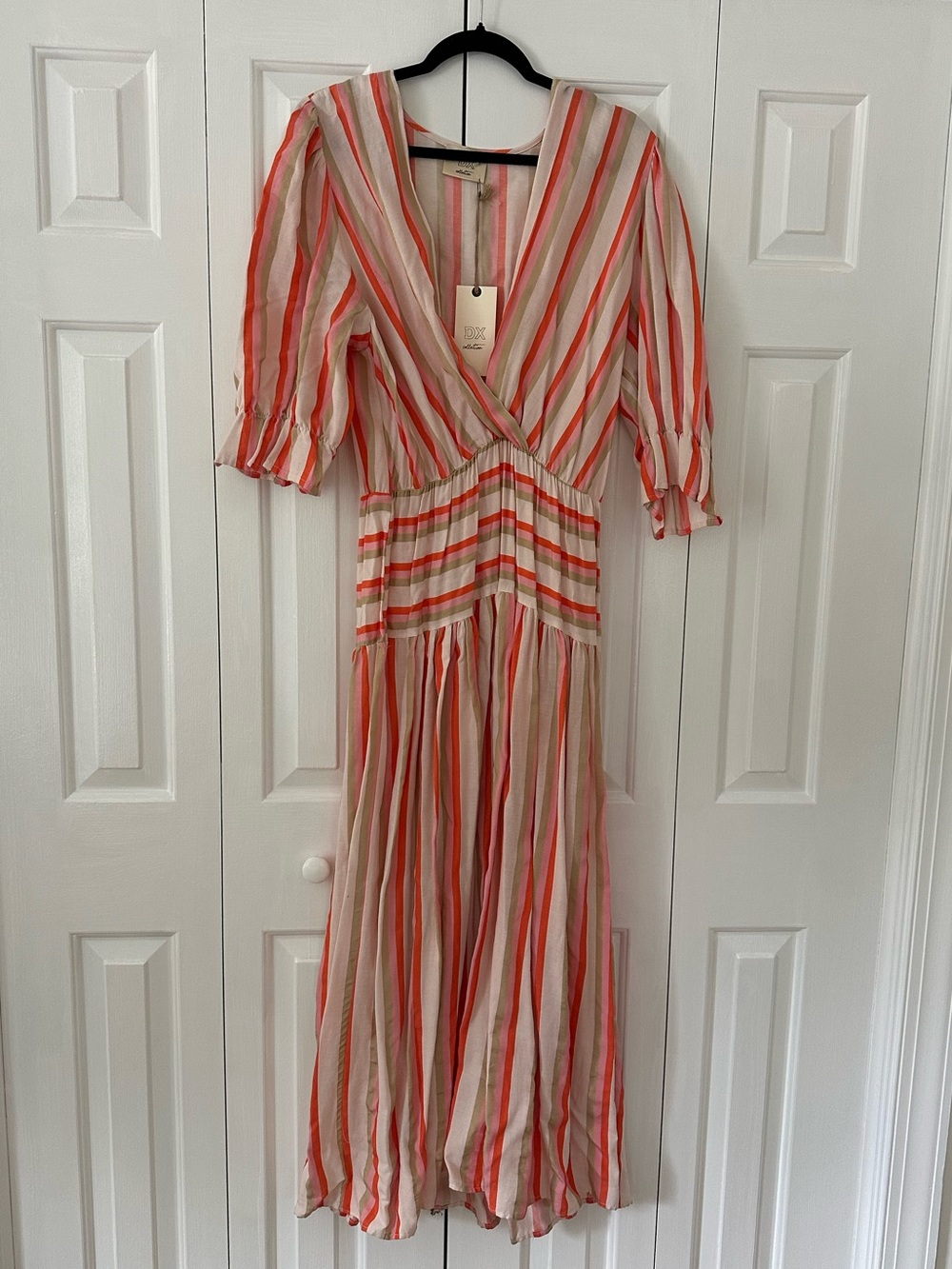 NWT Striped V-Neck Maxi Dress in Coral and Cream